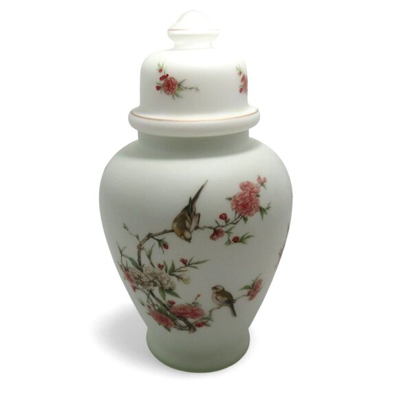Large GINGER JAR With Lid Frosted Satin Glass Bird And Floral 18" Tall Vintage - Picture 6 of 9